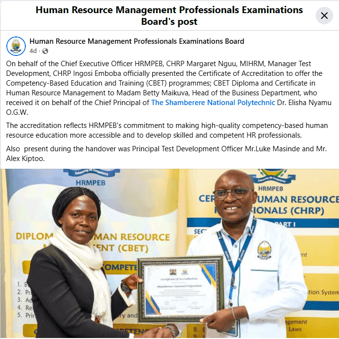 Business Department Certificate of Accreditation to offer the Competency-Based Education and Training (CBET) programmes; CBET Diploma and Certificate in Human Resource Management